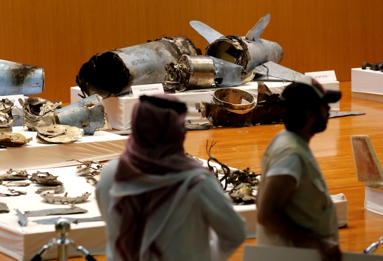 Image: The Saudi military displays an apparent Iranian cruise missile and drones used in an attack on an oil facility at a press conference in Riyadh on Sept. 18, 2019.