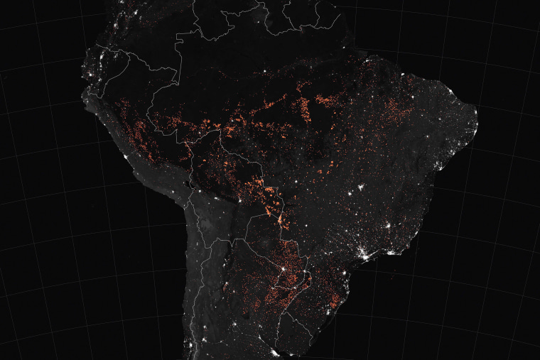 Image: A NASA Earth Observatory map shows active fire detections in South America