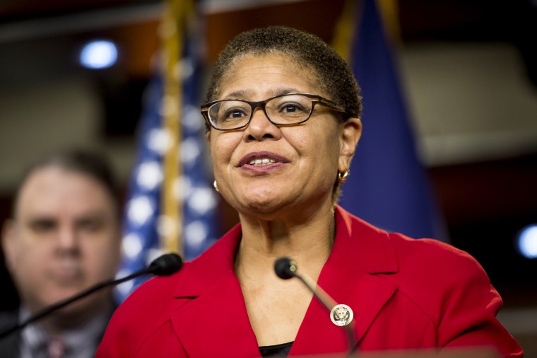 Image: Rep. Karen Bass, D-Calif., speaks at a news conference on Capitol Hill in 2015.