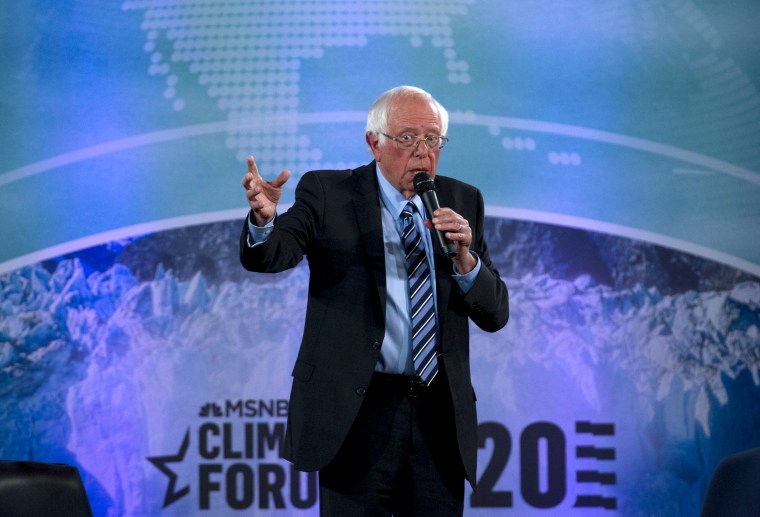 Image: Sen. Bernie Sanders, I-Vt., speaks at the Climate Forum at Georgetown University on Sept. 19, 2019.