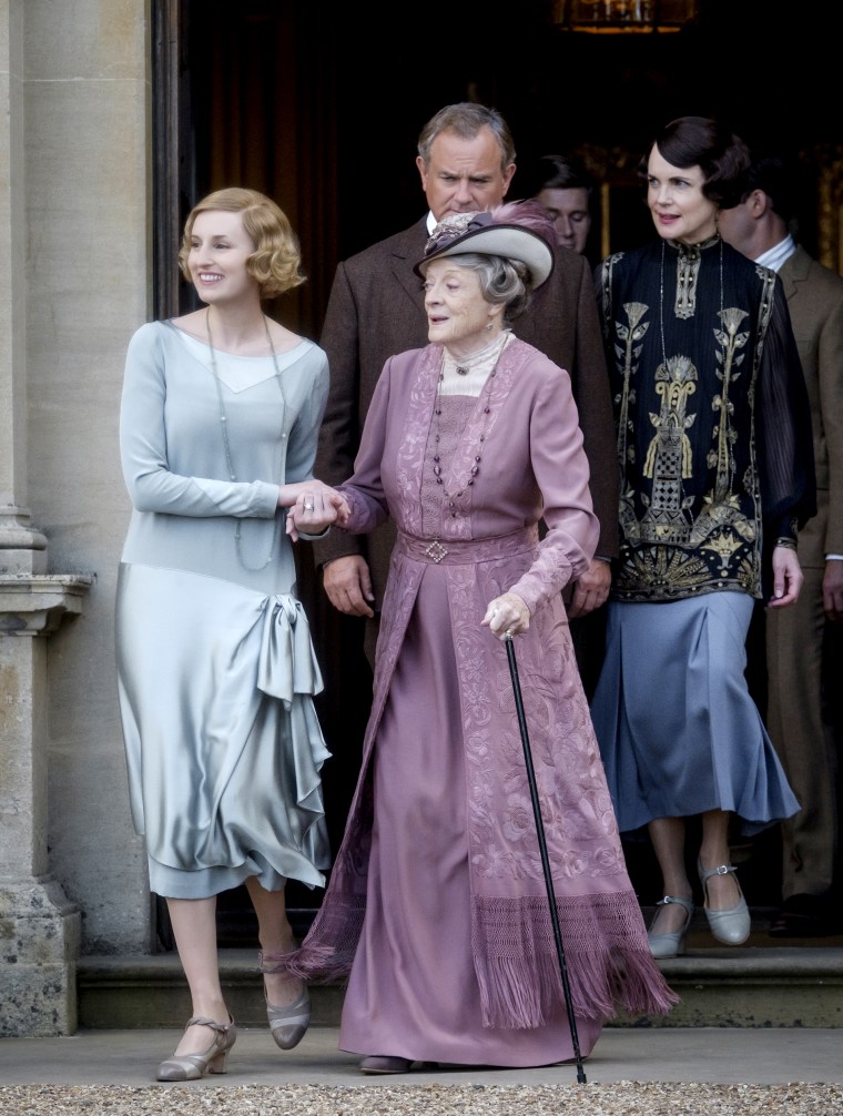 Laura Carmichael stars as Lady Hexham, Maggie Smith as The Dowager Countess of Grantham, Hugh Bonneville as Lord Grantham, Allen Leech as Tom Branson and Elizabeth McGovern as Lady Grantham in "Downton Abbey."