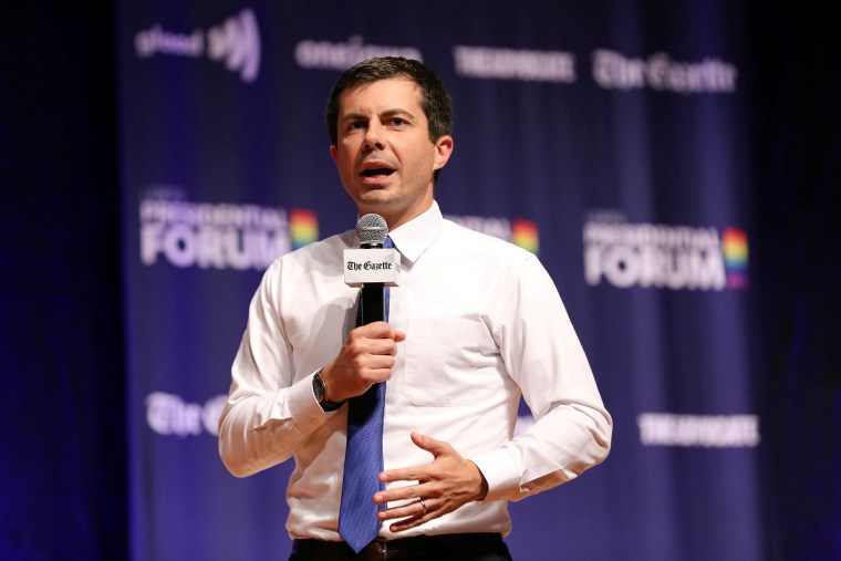 Image: Democratic presidential candidate and South Bend Mayor Pete Buttigieg speaks at the One Iowa and GLAAD LGBTQ Presidential Forum in Cedar Rapids