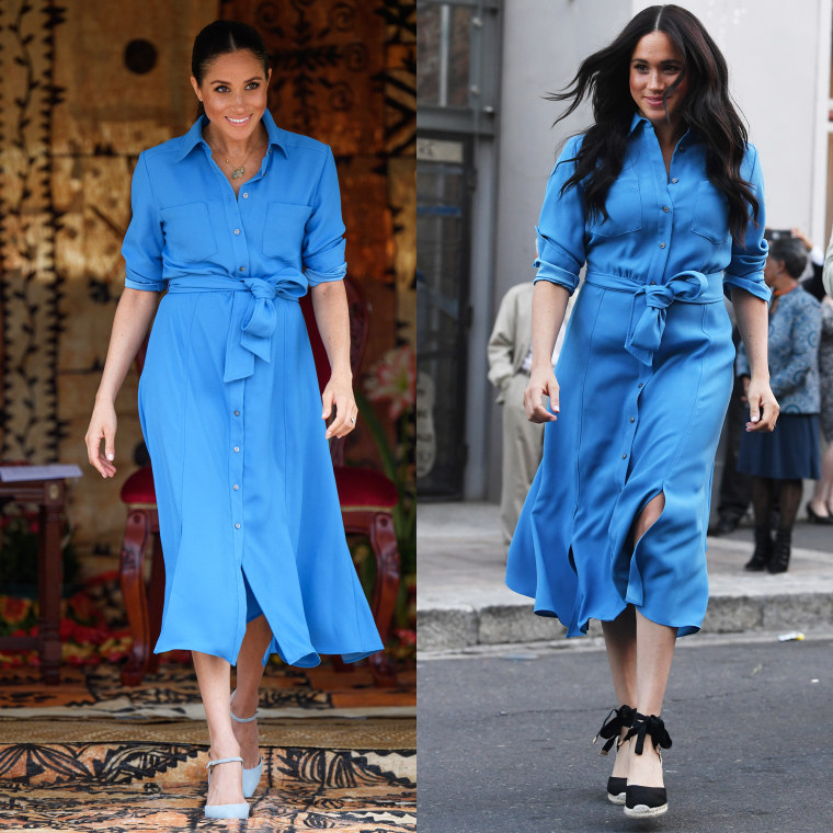 Meghan donned the same Veronica Beard dress for her first royal tour and her most recent one.