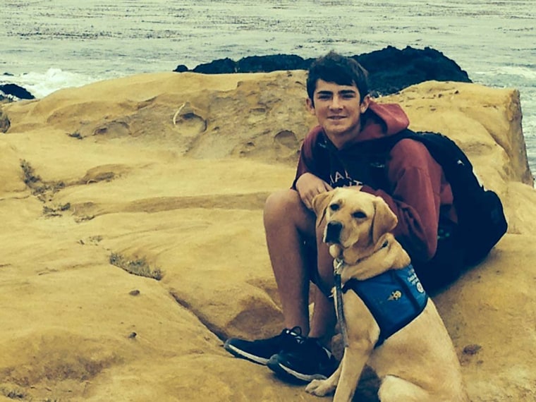 Whitley the diabetic-alert dog and Clay Ronk on the beach together