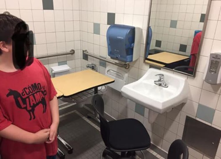 Danielle Goodwin's son, Lucas, who has autism was given a desk in a school bathroom.