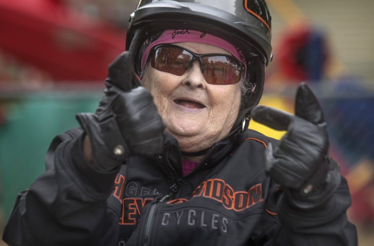 After putting on a Route 66 bandana, a Harley jacket and her helmet, 96-year-old Helen Sharp was ready to take her first motorcycle ride, something she's dreamed of for decades. 