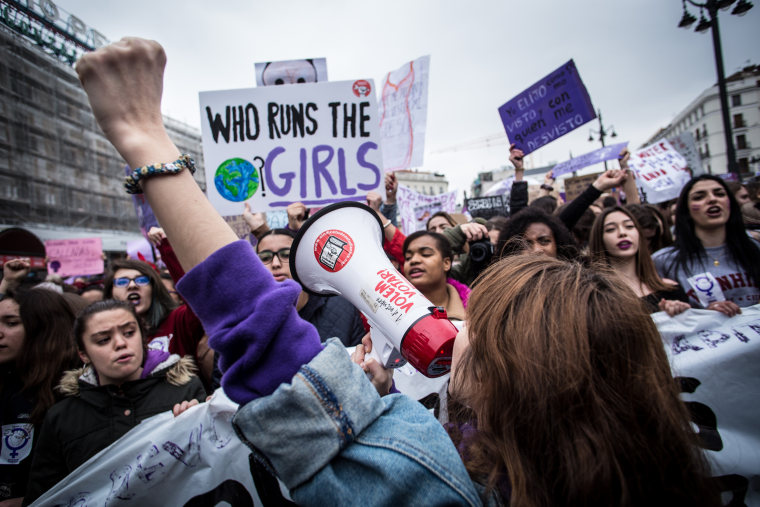 Image: A demonstrator chants during a march for International Women's Day in Madrid on March 8, 2018.