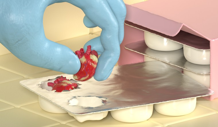 Illustration of hand removing a tiny heart from blister packaging.