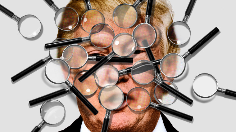 Photo illustration of magnifying glasses piled on Trump's face.
