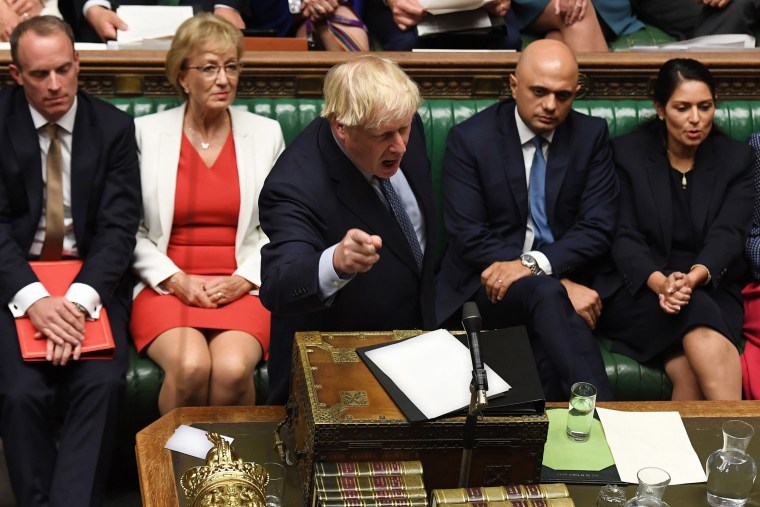 Image: Britain's Prime Minister Boris Johnson gesturing while answering questions on the proroguing of Parliament, in the House of Commons in London on Sept. 25, 2019