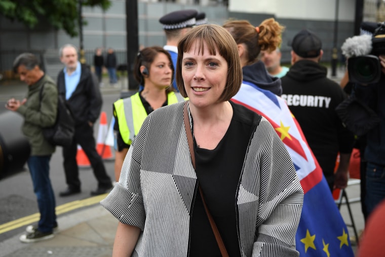 Image: Labour MP Jess Phillips for Birmingham Yardley stands on the street as Pro-remain supporters gather in Westminster
