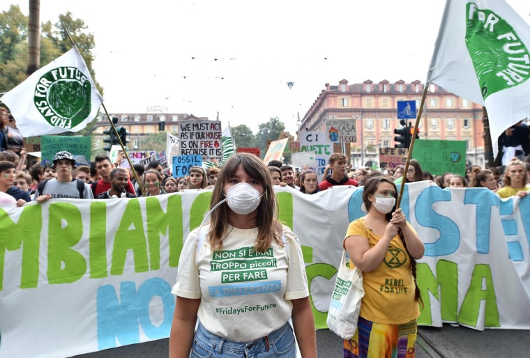 Image: Students demonstrate during a worldwide protest demanding action on climate change, in Turin, northern Italy