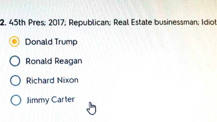 A Florida middle school teacher has been reassigned after a quiz given to students referred to President Donald Trump as an "idiot."