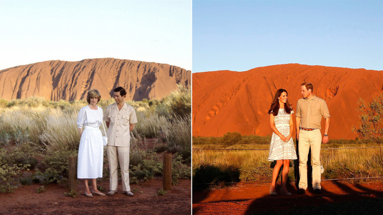 Diana and Charles in front of Ayers Rock during their 1983 Australia tour; Catherine and William at the same site 31 years later.