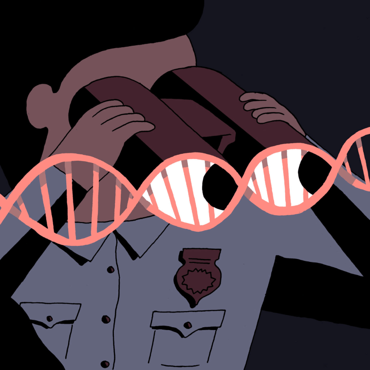 Illustration of police offer peering through binoculars made of DNA strips.