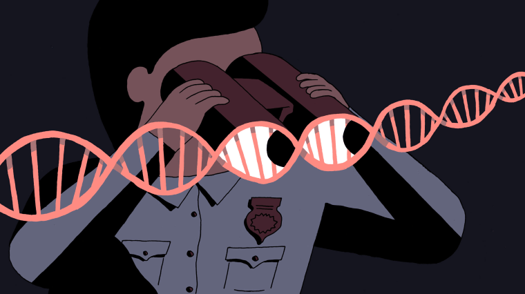 Illustration of police offer peering through binoculars made of DNA strips.