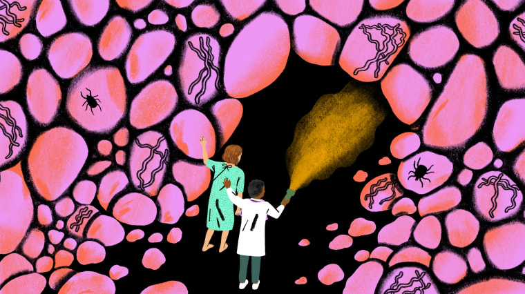 Illustration of patient and doctor in shining a light in a dark cave full of ticks and bacteria.