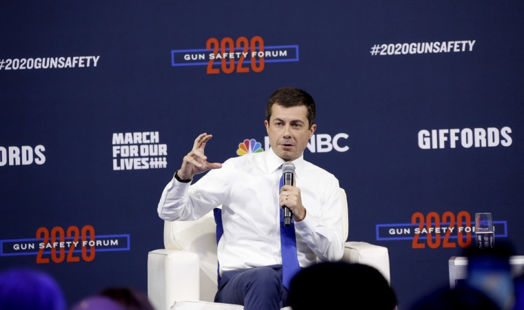 Image: Pete Buttigieg speaks at the Gun Safety Forum in Las Vegas on Oct. 2, 2019.