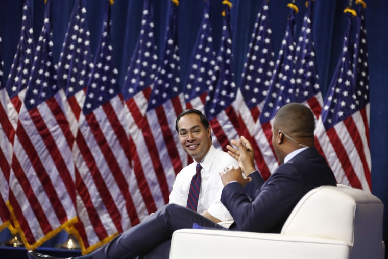 Juli?n Castro speaks to moderator Craig Melvin at the Gun Safety Forum in Las Vegas.