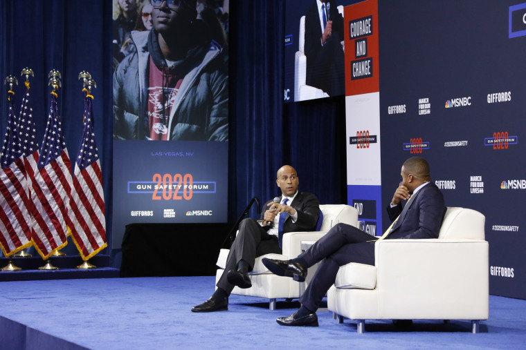 Cory Booker speaks to moderator Craig Melvin at the Gun Safety Forum in Las Vegas.