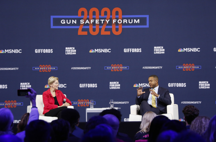 Elizabeth Warren speaks to moderator Craig Melvin at the Gun Safety Forum in Las Vegas on Oct. 2, 2019.