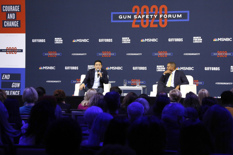 Andrew Yang speaks to moderator Craig Melvin at the Gun Safety Forum in Las Vegas on Oct. 2, 2019.