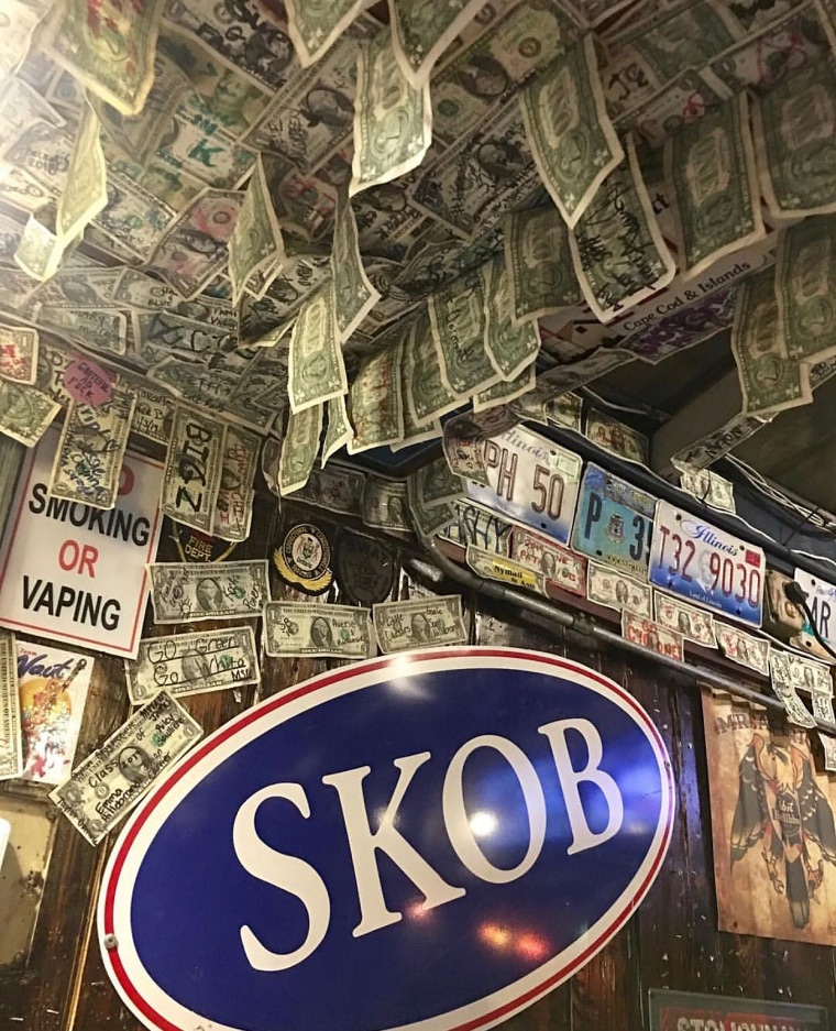 Customers regularly staple dollar bills to the walls and ceiling at Siesta Key Oyster Bar in Sarasota, Florida. Every few years, the owners pick a local charity to donate the money to.