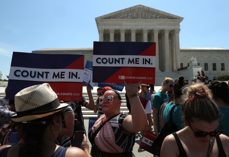 Protesters hold \"Count Me In\" signs in front of the U.S. Supreme Court