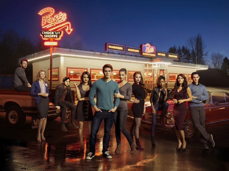 The cast of "Riverdale": Luke Perry as Fred Andrews, Madchen Amick as Alice Cooper, Cole Sprouse as Jughead Jones, Camila Mendes as Veronica Lodge,  KJ Apa as Archie Andrews, Lili Reinhart as Betty Cooper, Madelaine Petsch as Cheryl Blossom, Ashleigh Murray as Josie McCoy, Marisol Nichols as Hermione Lodge, and Casey Cott as Kevin Keller.