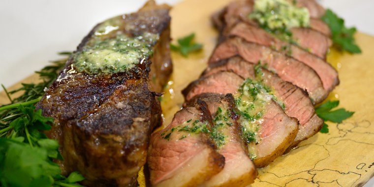 Matt Eads' NY Strip Steak with Compound Butter + Cilantro-Lime Grilled Sweet Potatoes + Baked Apple Crumble