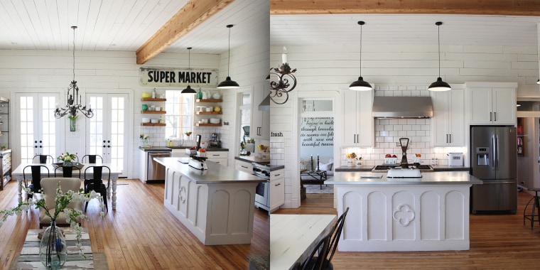 Previously, the kitchen had floating wood shelves and a "Super market" sign.