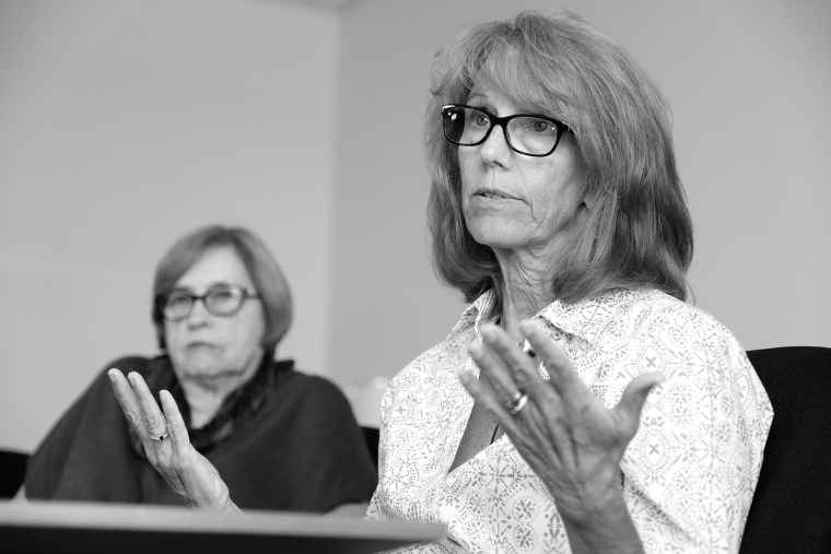 Lisa Creamer, right, a former child abuse nurse at Texas Children's Hospital, and Jennifer Stansbury, a former child abuse social worker at the hospital, are interviewed at the Houston Chronicle offices.