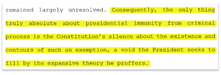 Image: Consequently, the only thing truly absolute about presidential immunity from criminal process is the Constitution's silence about the existence and contours of such an exemption, a void the President seeks to fill by the expansive theory he proffer
