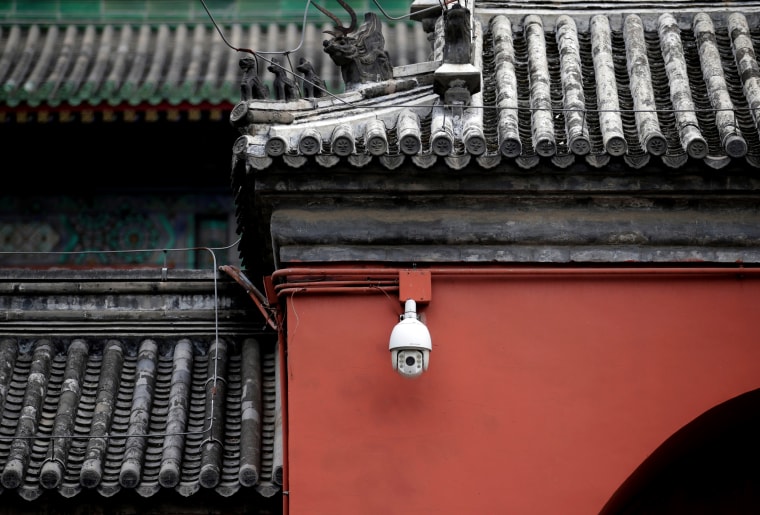 Image: A Hikvision surveillance camera on the Drum Tower in Beijing on June 19, 2019.