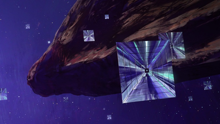 Laser sail spacecraft arriving at 'Oumuamua, the interstellar asteroid.
