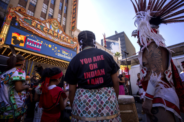 Image: Dancers from the Anahuacalmecac International University Preparatory pray before an Indigenous People's Day Celebration in Hollywood on Oct. 8, 2017.