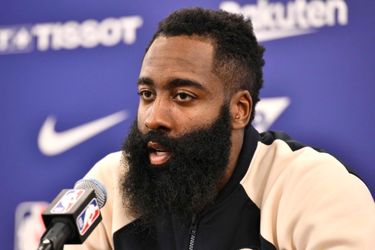 Image: Houston Rockets guard James Harden answers questions at a press conference after an exhibition game in Saitama, Japan, on Oct. 10, 2019.