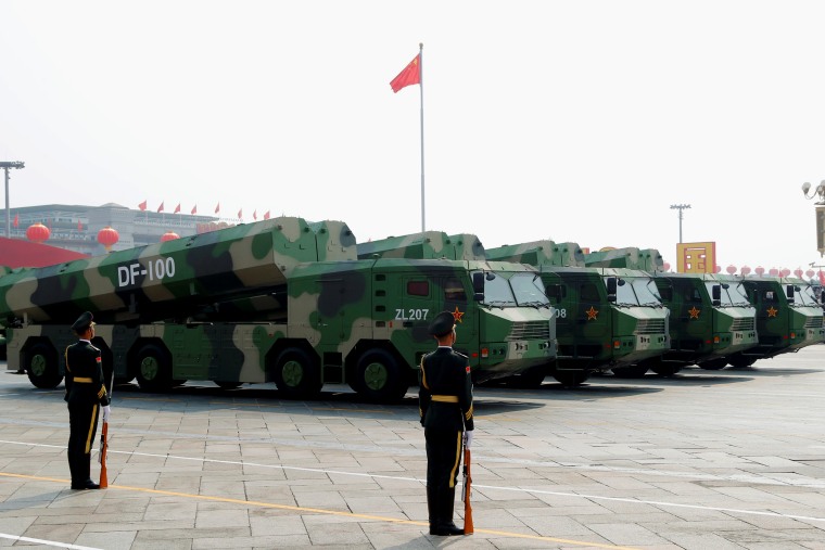 Image: Military vehicles carrying DF-100 hypersonic cruise missiles past Tiananmen Square in Beijing on Oct. 1, 2019.
