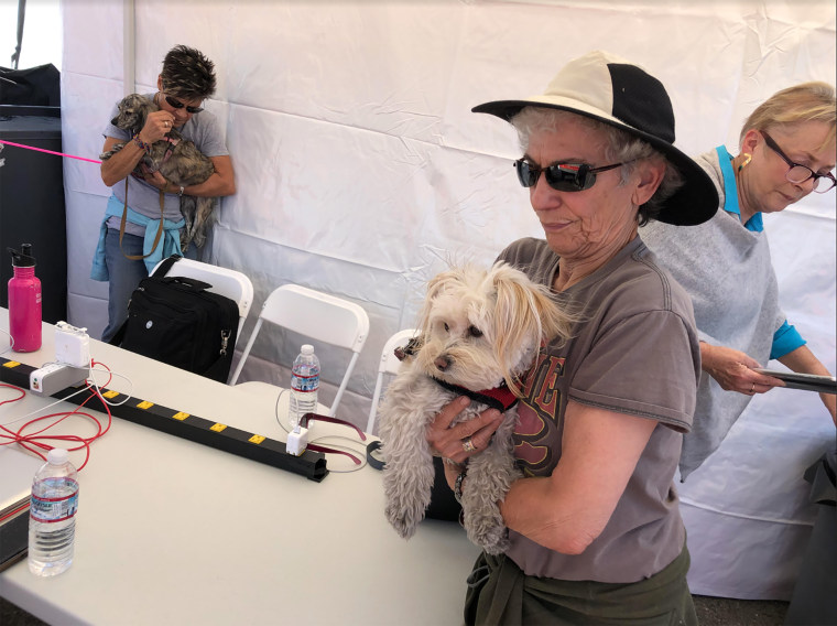 Renee Lopilato, 72, a retired college administrator, visits a temporary community center with her dog, Windy, during a blackout in Santa Rosa, California on Oct. 10, 2019.