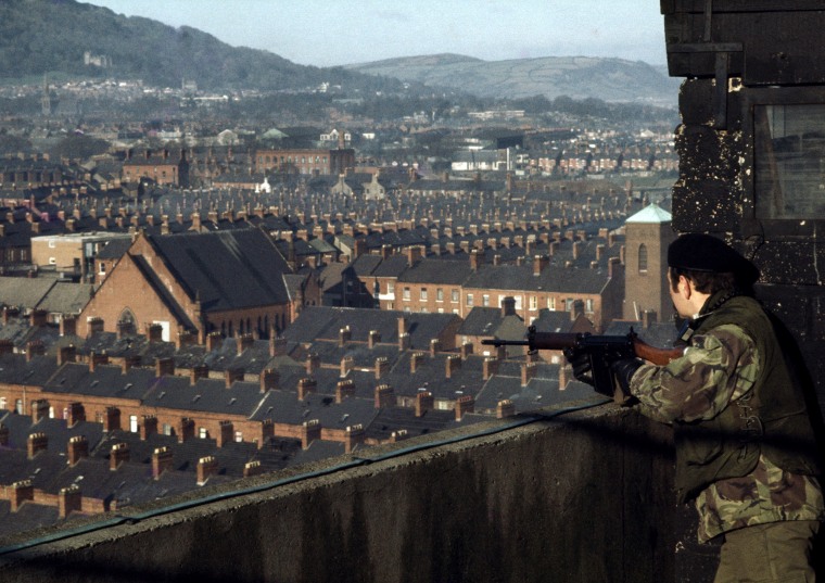 Image: British Army Observation Post on the roof of a council tower block overlooking the republican New Lodge area of Belfast
