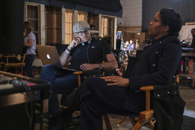 Damon Lindelof with Regina King on the set of "Watchmen"