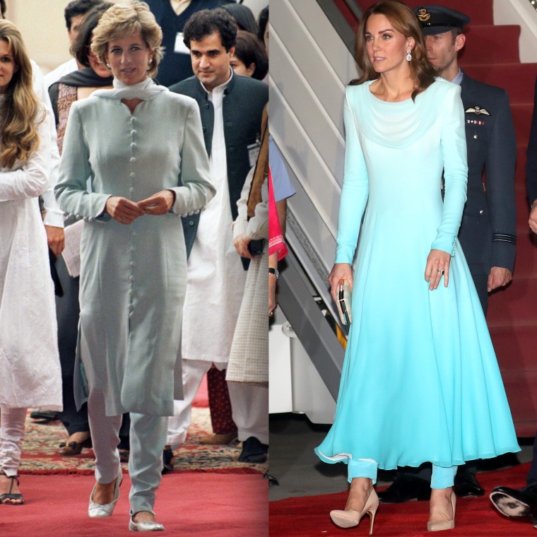 Her aqua ensemble reminded some of outfits Diana Princess wore on her solo trips to Pakistan in 1996 and 1997.