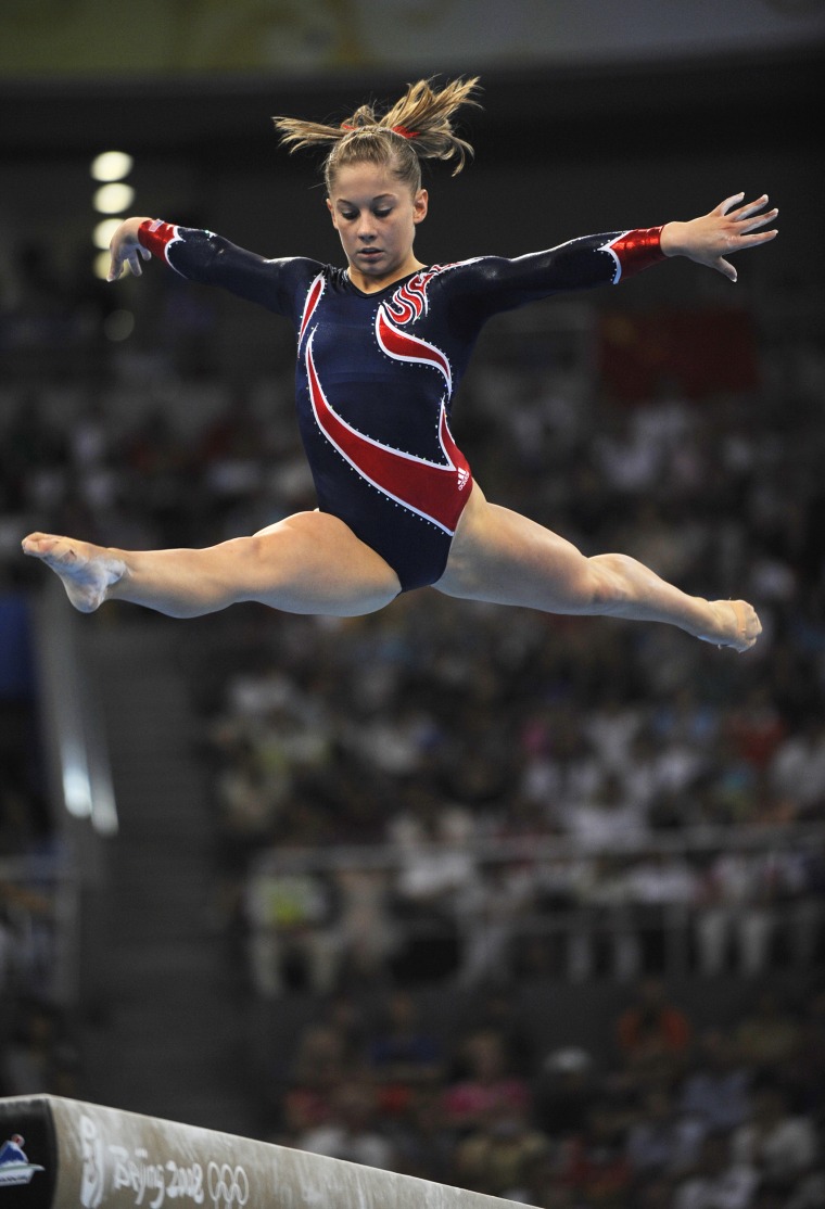 Shawn Johnson competing on the balance beam during the 2008 Olympic Games in Beijing.