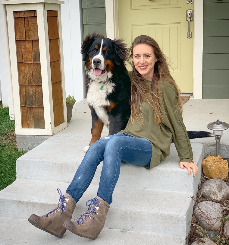Paired with jeans, Sorel wedges and a Bernese Mountain Dog puppy