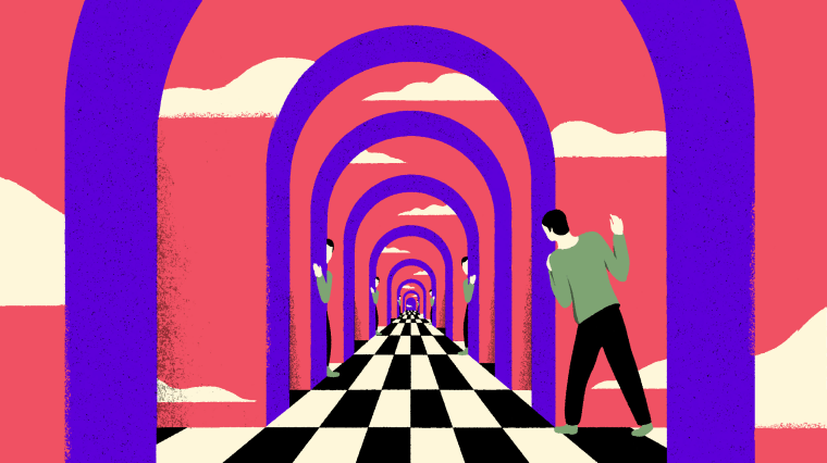 Illustration of figure peaking through portals into other worlds.