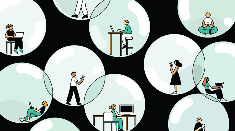 Illustration of people on computers and devices inside their own bubbles.