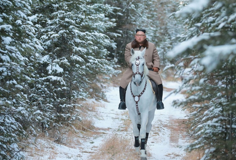 Image: North Korean leader Kim Jong Un riding a white horse amongst the first snow at Mouth Paektu,
