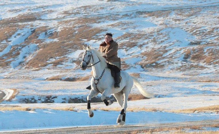 Image: North Korean leader Kim Jong Un riding a white horse amongst the first snow at Mouth Paektu, Oct. 16, 2019.