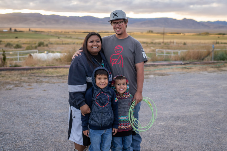 Shalene Mike-Collins, her husband Sean, and their two children, Bentlee, left, and Talon, live on the nearby Shoshone reservation. The Duckwater School provides Bentlee with access to a speech therapist.