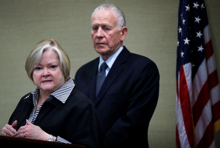 Image: Judy and Dennis Shepard address a roundtable on hate crimes in Washington on Oct. 29, 2018.